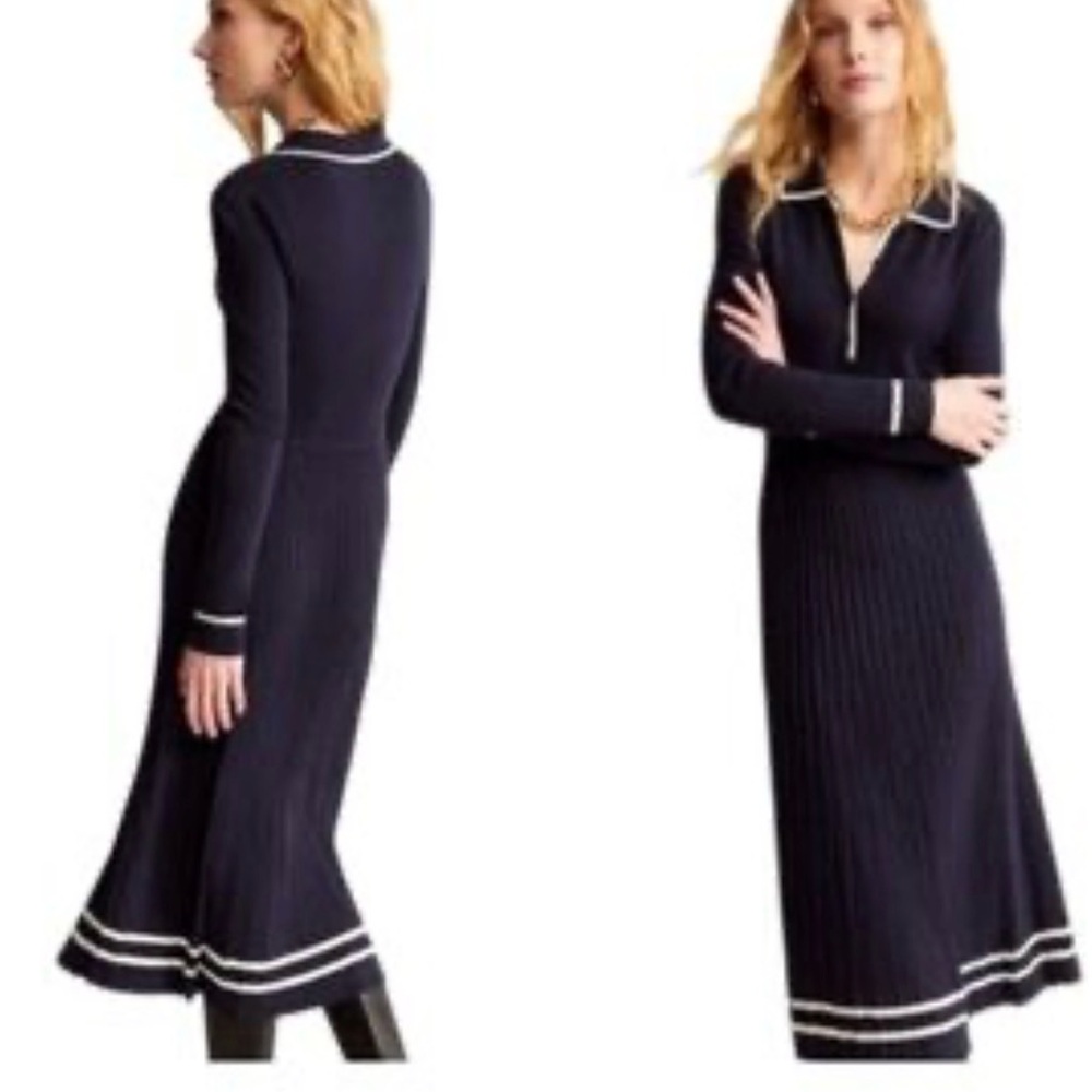 Boden Navy Ribbed Knit Polo Dress with Contrast Trim